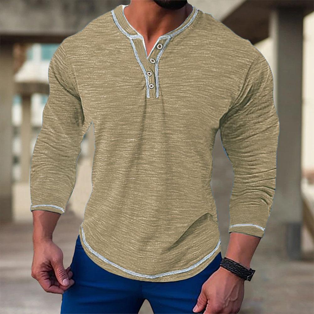 Herbst Baumwolle Langarm T-Shirts für Männer Pullover Casual Herren Sweatshirts Elastische V-Ausschnitt Button Up T-Shirts Männlich XXXL khaki