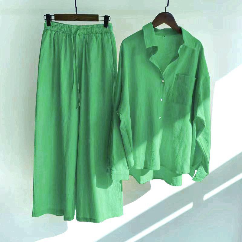 Damen zweiteiliger Anzug Retro Plus Size Baumwolle Leinen Hemd Anzug Hohe Taille Lose Hosen für Frauen XXXL fluoreszierende grün