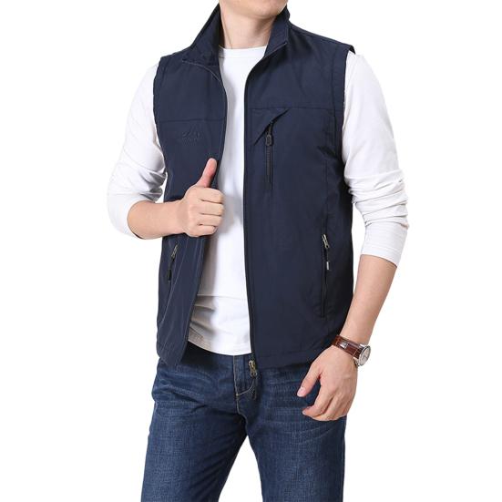 Herren Sommer Weste Revers Ärmellose Weste Mantel mit 2 Taschen Reißverschluss Jacke Cargo Mantel Streetwear XL navy blau