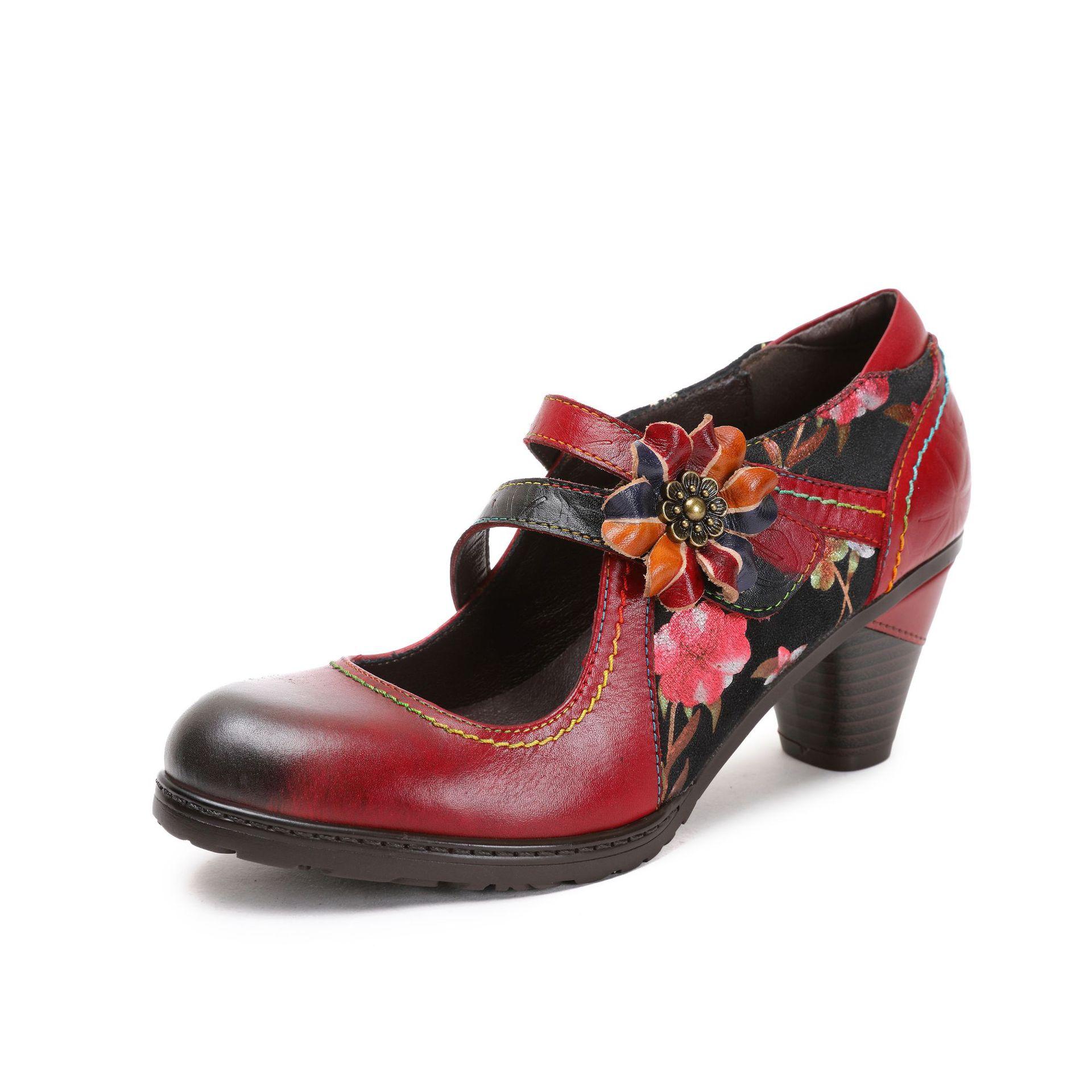 Johnature Echtes Leder Retro Blumenpumps Damenschuhe Rote High Heels Ethno-Stil Handgefertigte Damenschuhe mit runder Zehenpartie 37 rot