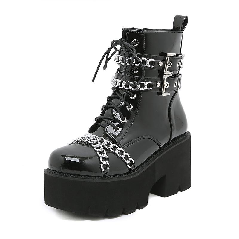 Frauen Schuhe Stiefel Schwarz Dunkel Cool Starke Untere Plattform Harajuku Schuhe Mit Metall Kette Gothic Punk Mädchen Schuhe Schuhe 38 schwarz
