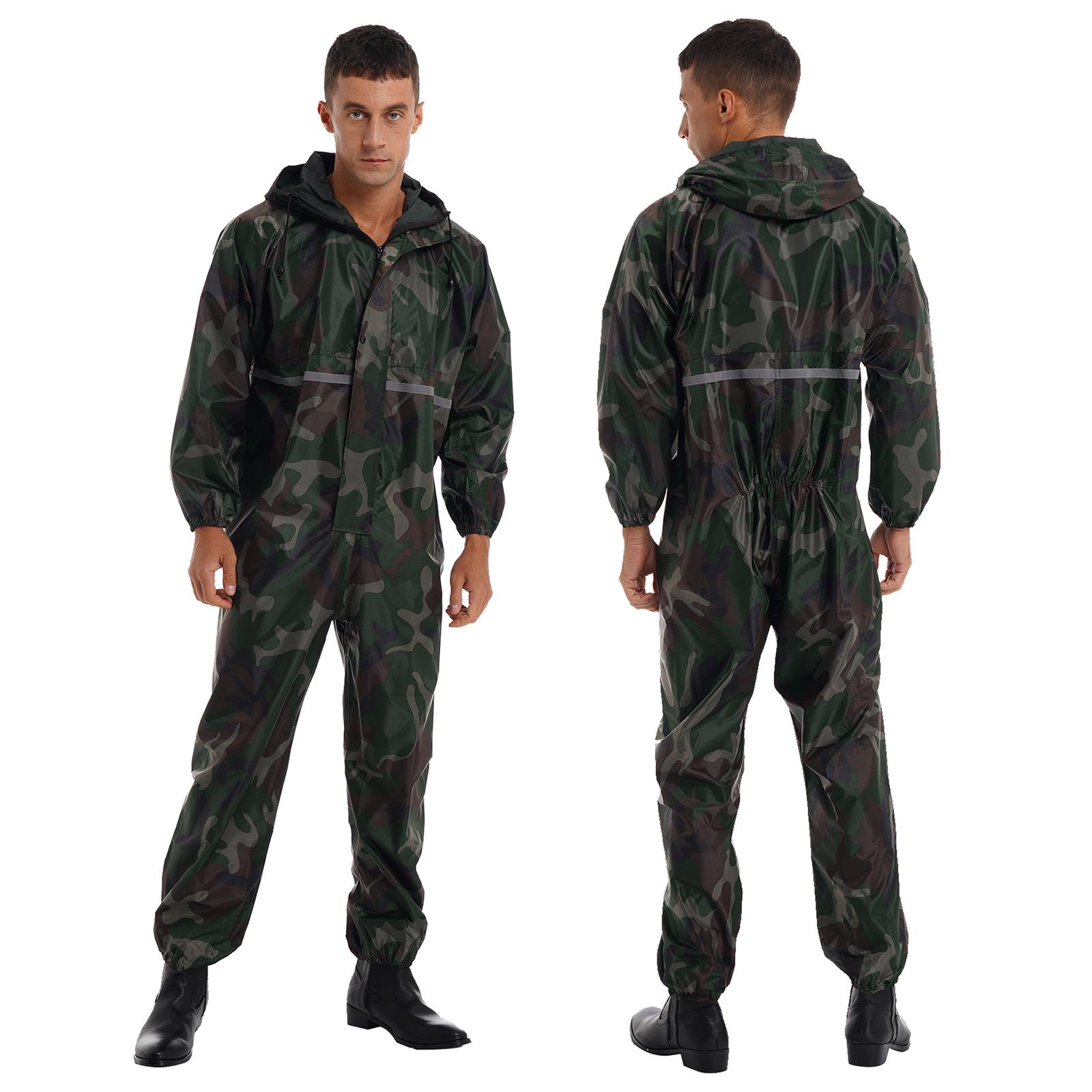 Wasserdichter Herren-Overall, reflektierender Streifen, Regenanzug, langärmelig, Kapuzen-Regenmantel, Reißverschluss-Overall XL camouflage