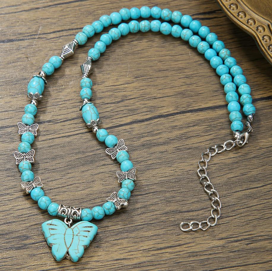 Mehrere Stile verfügbar Halskette für Frauen Naturtürkis Perlen Schmuck Nischengefühl Doppelter Tropfenanhänger Türkis Wunderschöne Elegante Halskette
