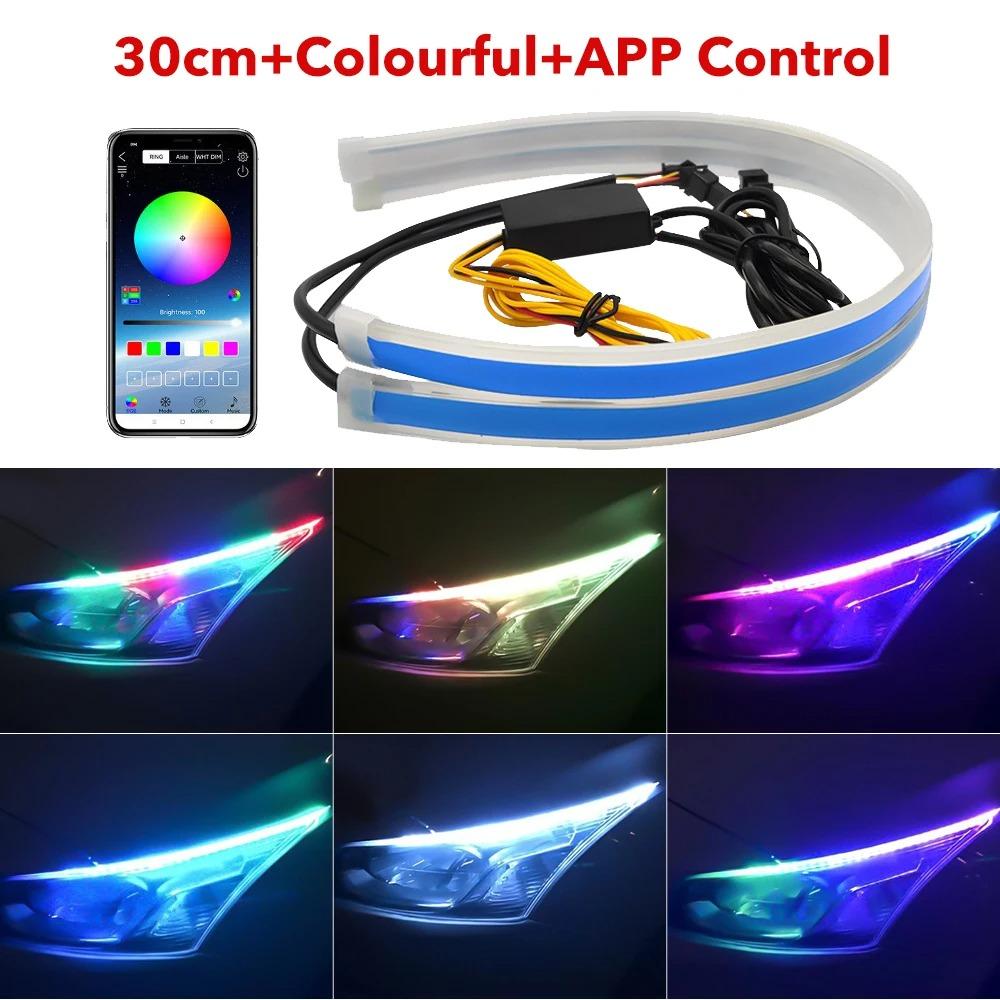 2 Stück Auto LED Scheinwerferstreifen Superhell Flexibel Wasserdicht Einfache Installation LED Tagfahrlichtstreifen Mit App-Steuerung Autozubehör