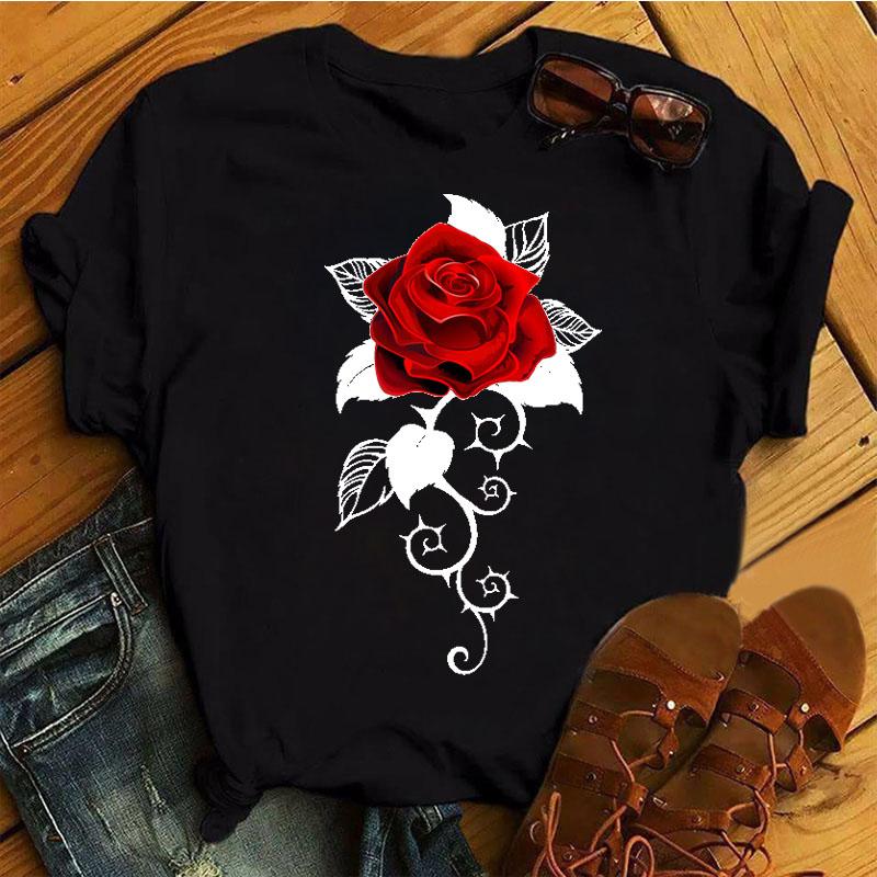 Neue Frauen Schwarz T Shirt Rote Rose Blume Drucken Tops Weibliche Kurzarm T-shirts Damen Sommer Nette Grafik T-shirts kleidung xs