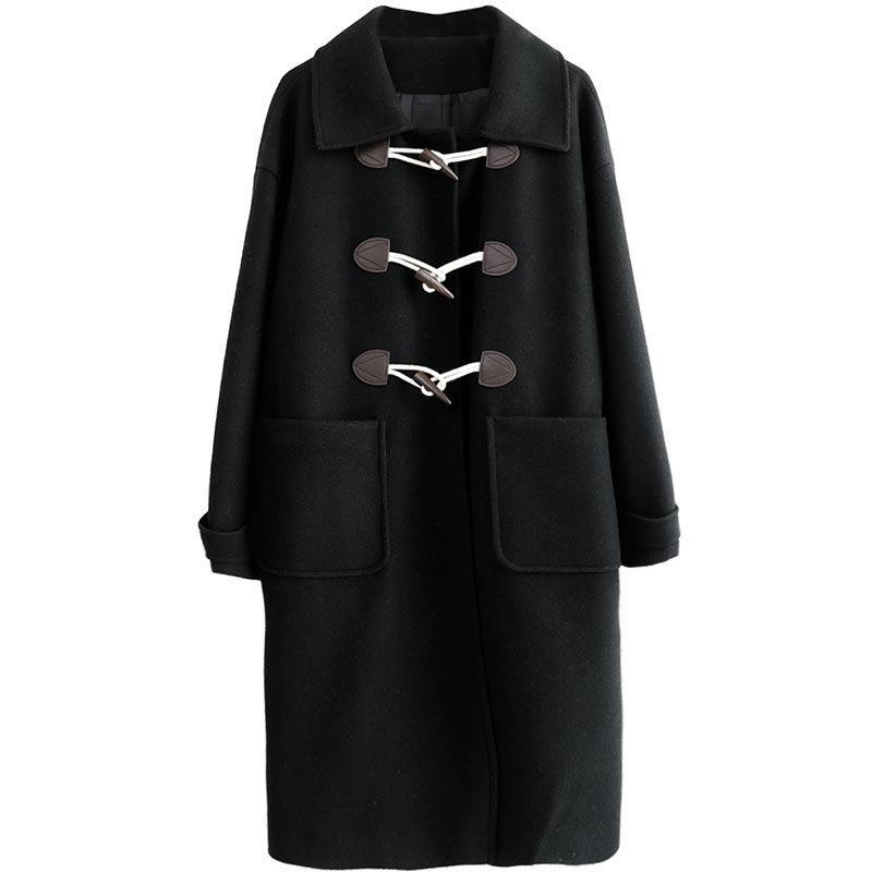 Retro-Hornknopf-Wollmantel Damen Mittellanger Herbst- und Wintermantel im koreanischen Stil Dicker Wollmantel S
