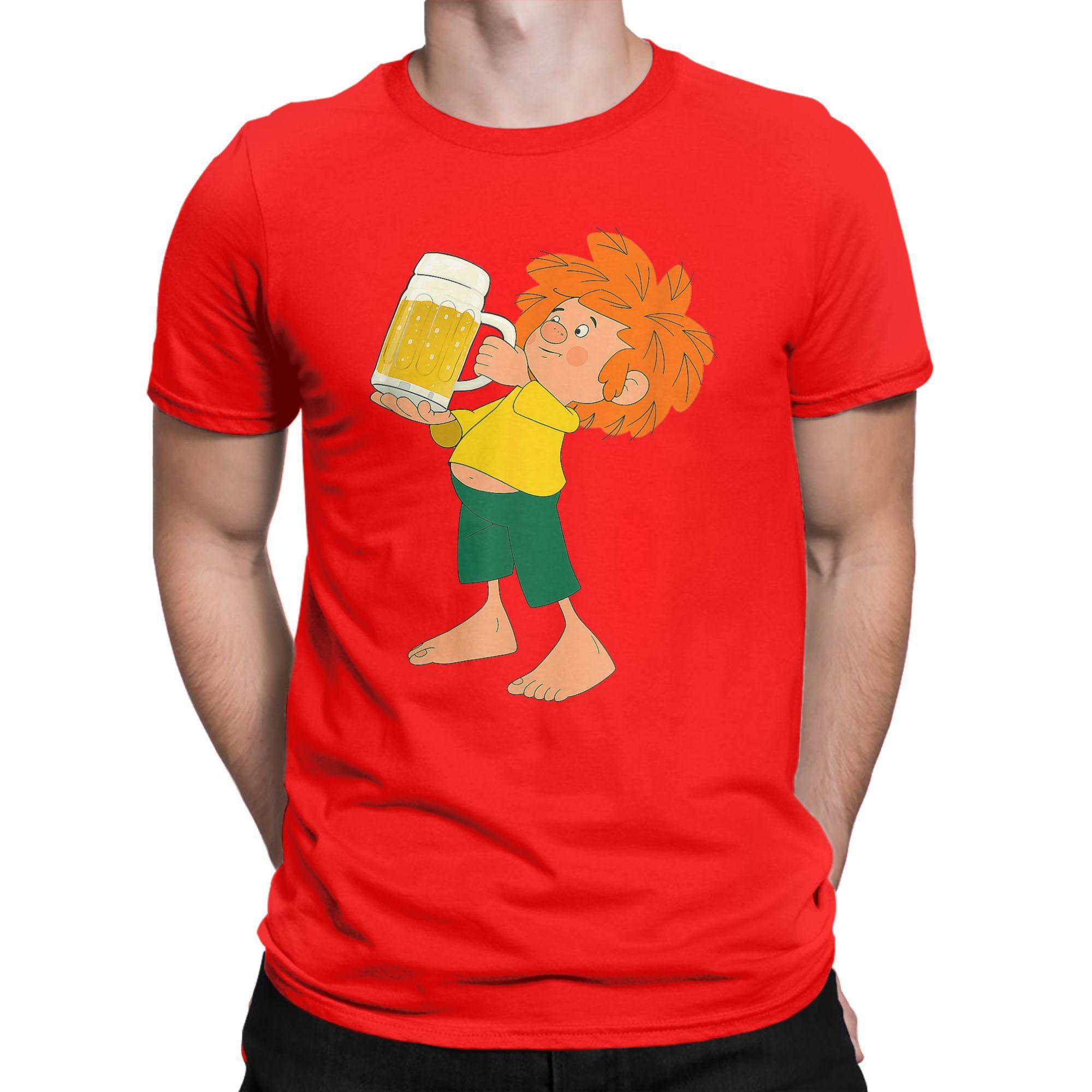 Herren T-Shirt Pumuckl Trinkt Bier Vintage Reines Baumwoll-T-Shirt Kurzarm Anime Cartoon T-Shirts Rundhals Bekleidung Übergröße S