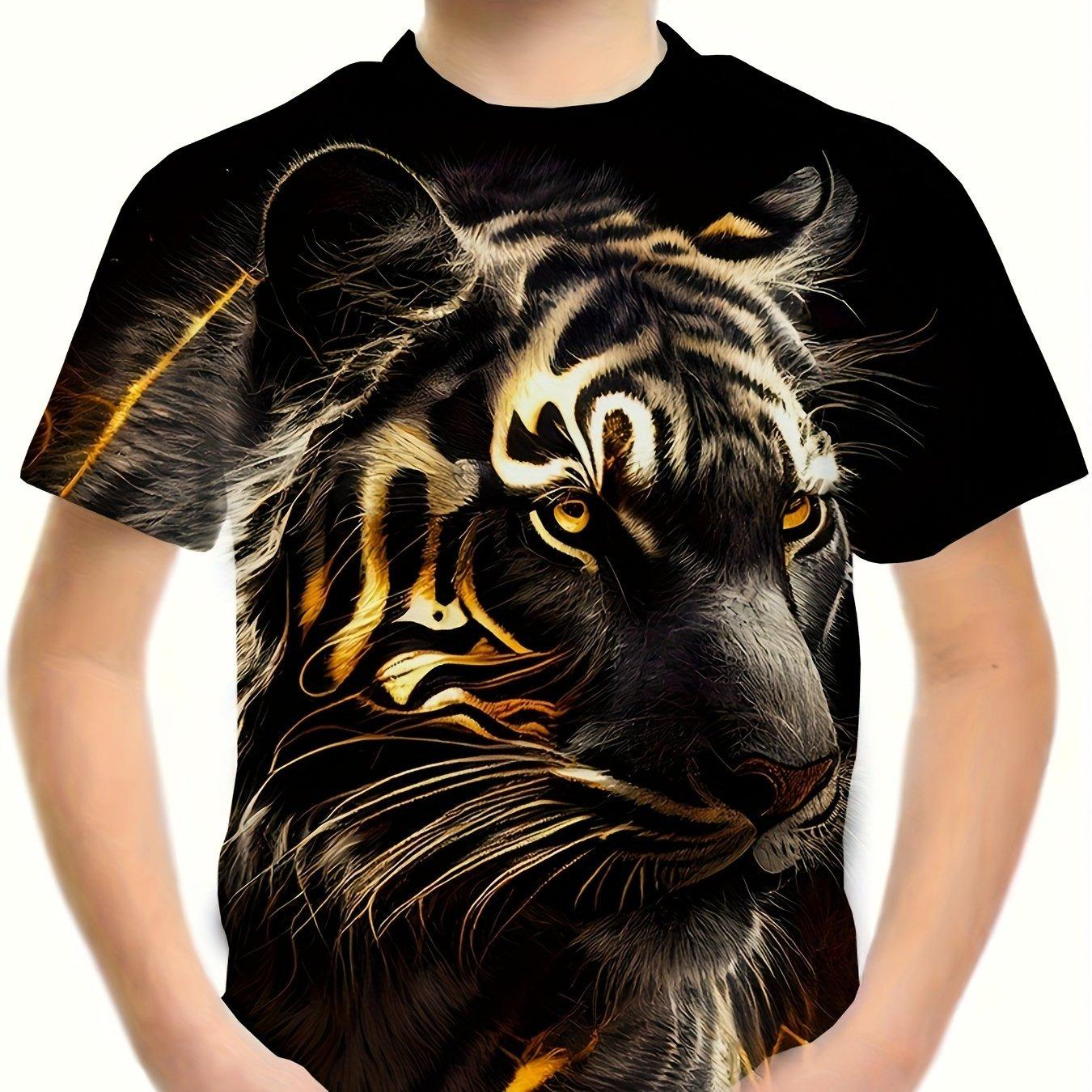 Kinderkleidung Jungen T-Shirt Kurzarm Stilvoller 3D Tiger Print Kinder Sommerkleidung Cartoon Lässige Rundhals Mädchen Kleidung 140 gray