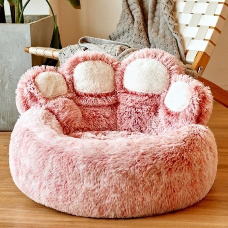 Niedliches Bärenpfoten-förmiges Hunde- und Katzenbett, Beruhigendes Donut-Hundebett, Warmes und bequemes weiches Hunde-Rundbett, Plüsch-Hunde- und Katzenmatratzenbett 60cm dunkel rosa