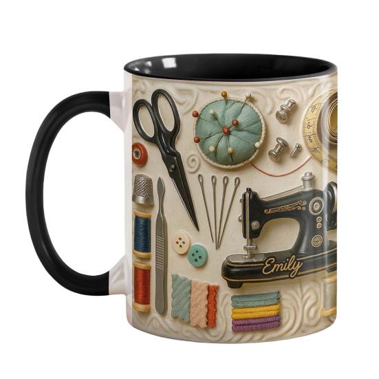 Personalisierte Näh-Tasse Gestickte Kaffeetasse mit Nähmaschinen-Design Tasse für Frauen Näherinnen Quilterinnen Bastler Kreatives Geschenk für Mama Oma Feiertag 1pc schwarz