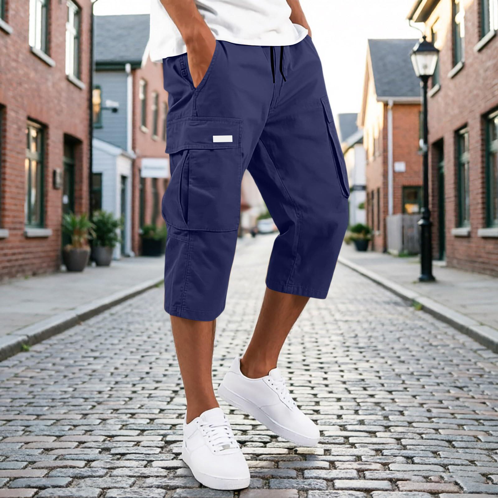 Herren Cargo-Capri-Hose mit Kordelzug und mehreren Taschen, lockere Passform, Dreiviertellänge, lässige Hose für den Alltag M dunkelblau