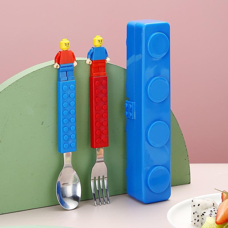 Edelstahl Kinder Lustige Gabel Löffel Set Kinder Baustein Spielzeug Cartoon Geschirr Tragbare Puzzle Spielzeug