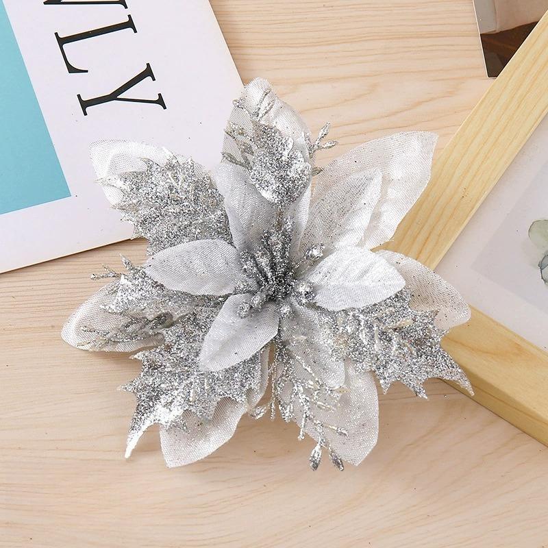 Weihnachtsblumenschmuck Glitzer Künstliche Blumen für Weihnachtsbaum,Weihnachtsdekoration für Zuhause 5Pcs silber