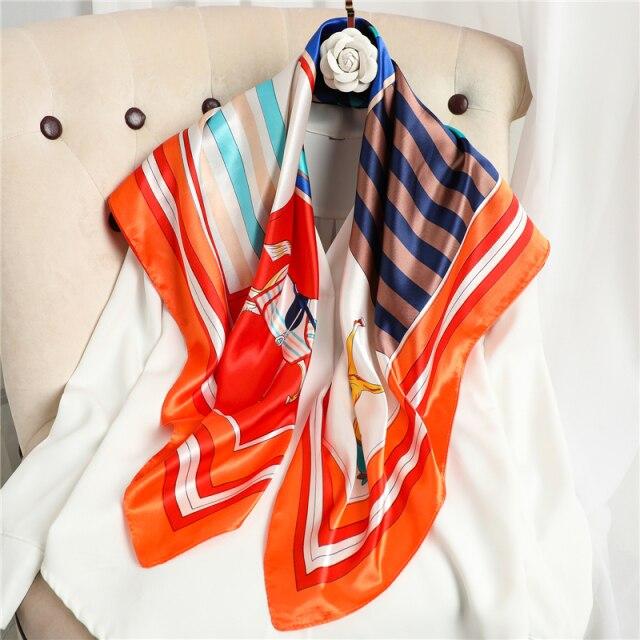 Drucken Seide Schal Foulard Satin Hijab Platz Schal Für Frauen Retro Haar Bands Halstuch Weibliche Kopf Wraps Stirnband Bandana 2021 90x90cm