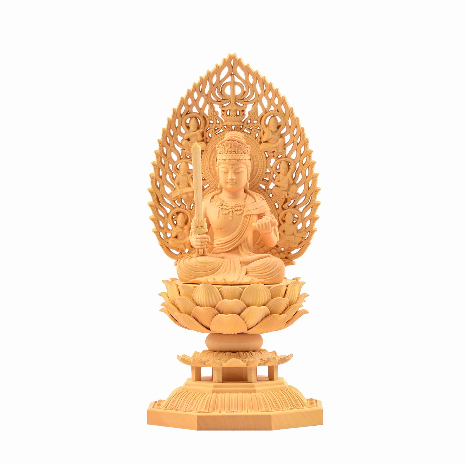 Hanro Kunst Skulptur Manjushri Bodhisattva Buddhistischer Altar Buddha Statue Holzschnitzerei Tsuge Baum Fliegender Himmlischer Heiligenschein Lotus Sockel Jahr des Hasen beige