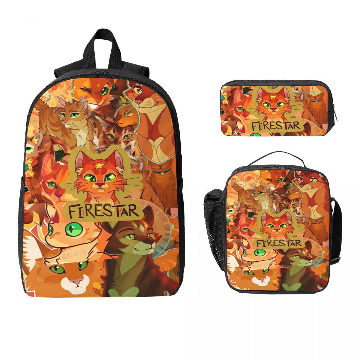 3 Stück Warrior Cats Schultaschen Set für Jungen Mädchen Federmäppchen Rucksack Sets mit Brotdose Für Schulkinder Rucksack black