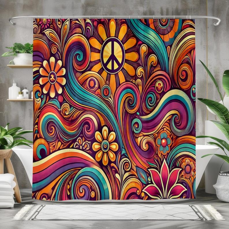 Hippie-Duschvorhang, Retro 70er Jahre Psychedelische Deko, Buntes Friedenszeichen & Wirbelmuster, Funky Boho Badezimmer Kunst, Flower Power W90XH180cm