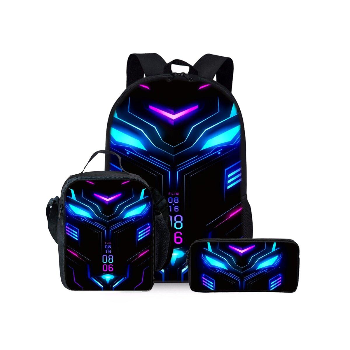 Mechanische Roboter Print Dreiteiliges Rucksäcke Set für Jungen und Mädchen Beste Geschenke 2D Flache Cartoon Schultasche für Kinder
