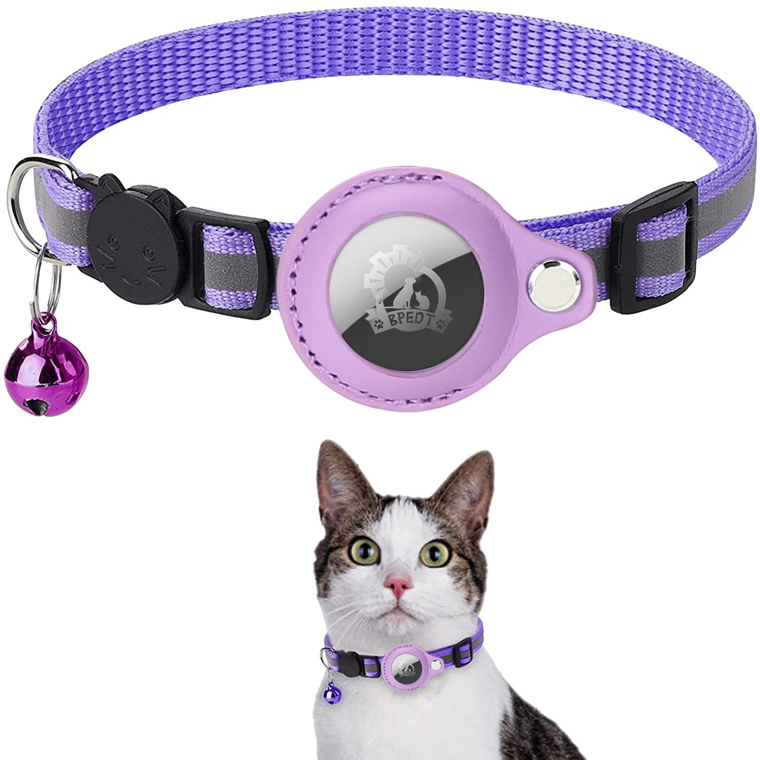 Katzenhalsband mit Schutzhülle für Airtag Anti Lost Locator Tracker Hundezubehör Reflektierende Haustierhalsbänder 22-32cm violett