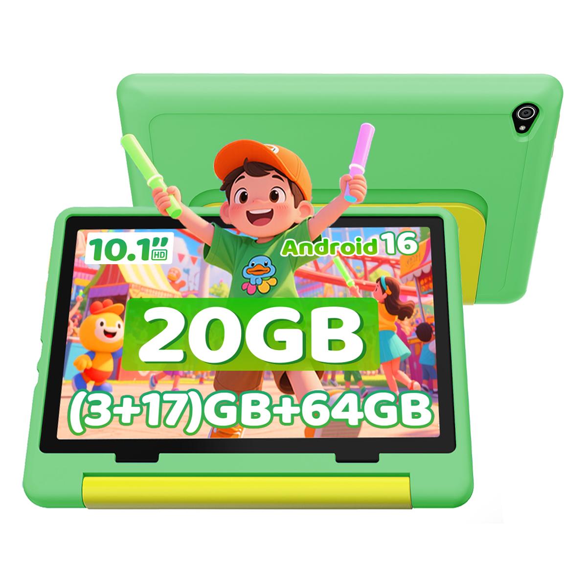 Android 16 Kinder-Tablet, 10,1 Zoll, 20 GB RAM + 64 GB ROM, Schutzhülle grün