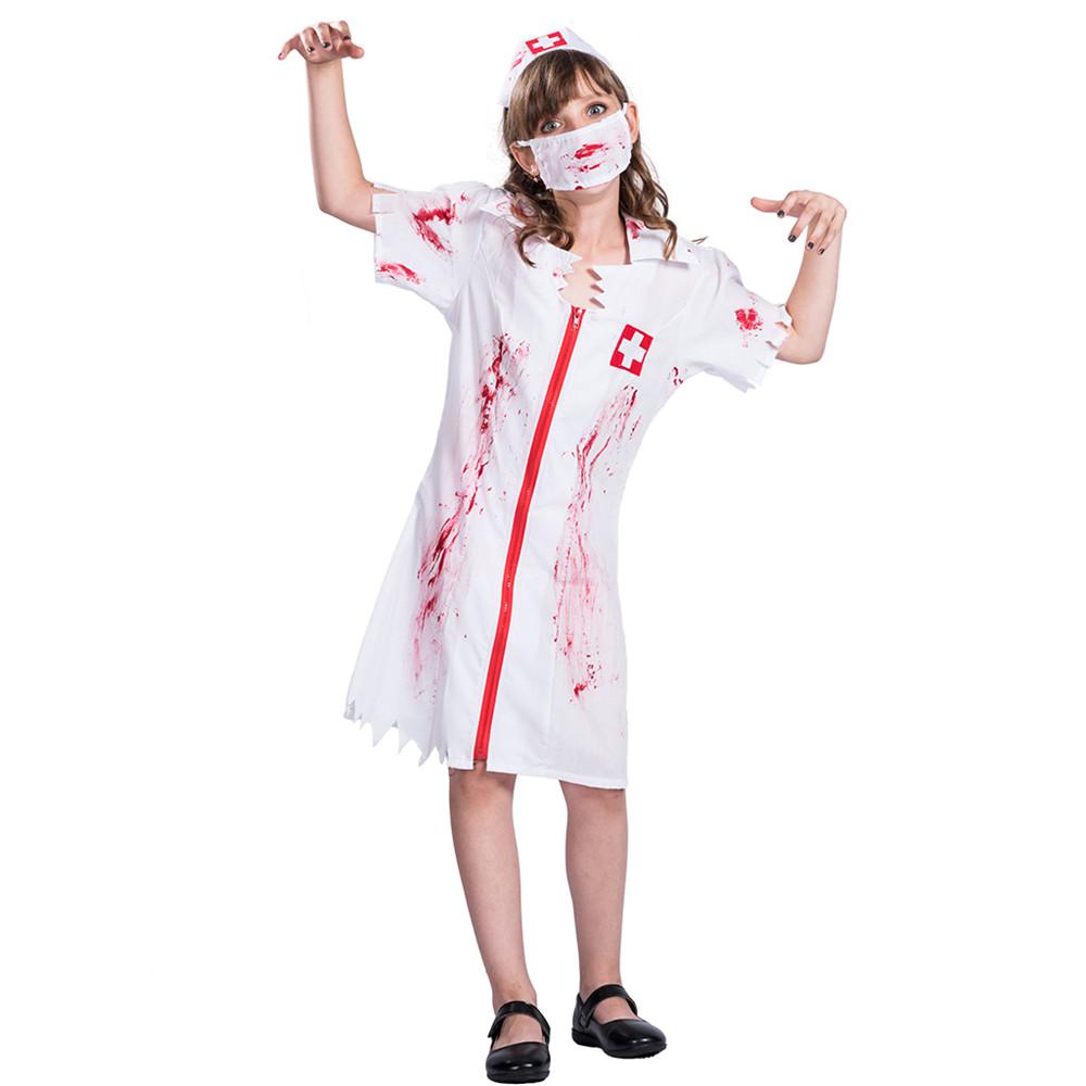 Kinder Horror Zombie Killer Krankenschwester Kostüm Mädchen Halloween Kostüm Outfit M weiß