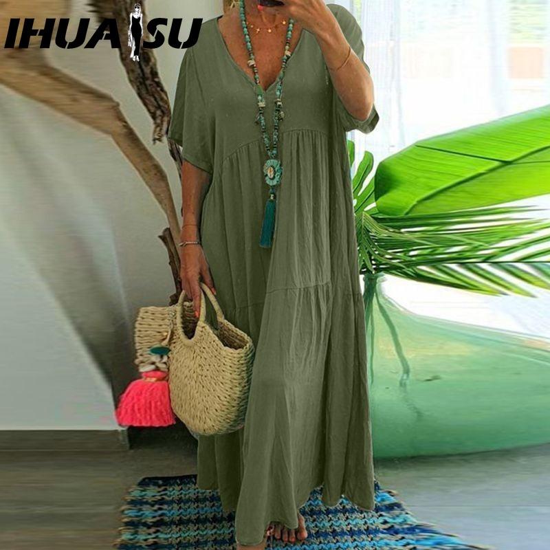 IHUASU Damen Sommer Mode Einfarbig V-Ausschnitt Übergröße Kleid Locker Lang Übergroß Lässig Kurzarm Kleid XXXXXL armee grüne