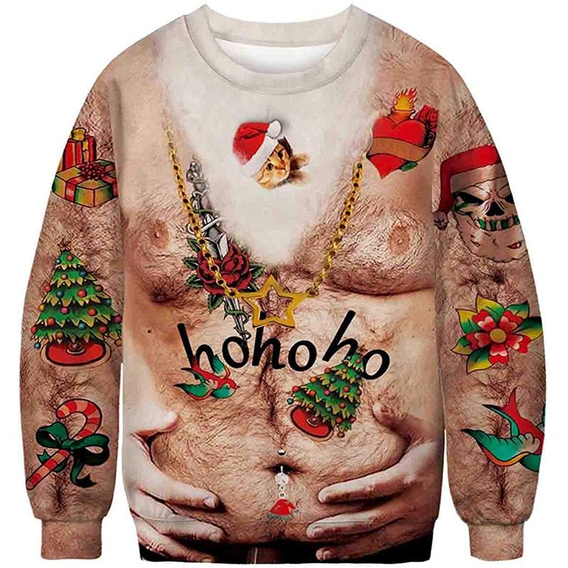 Frauen Männer Lustige Brust Haar Druck Hässliche Weihnachten Pullover Jumper Paar Herbst Silvester Urlaub Party Weihnachten Sweatshirt Ropa 6XL beige