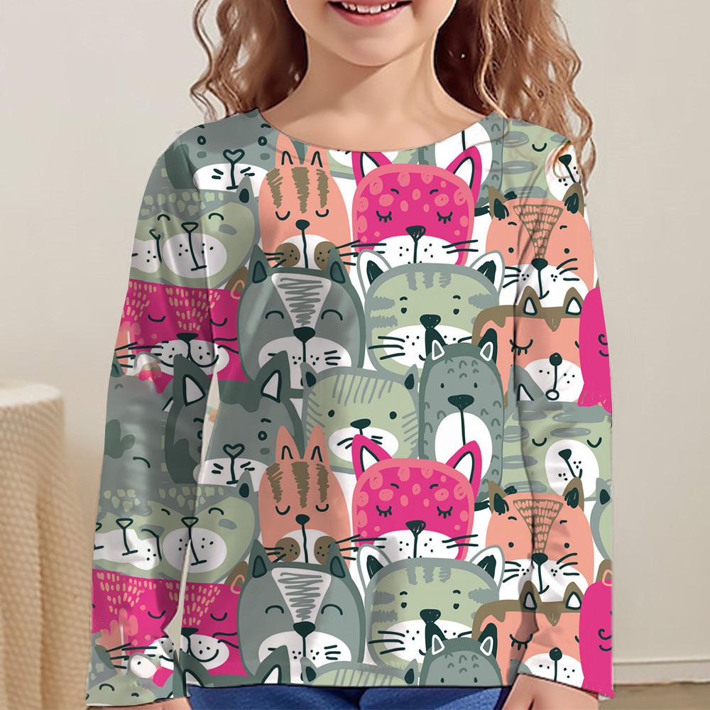 Kinderbekleidung für Mädchen Cartoon T-Shirts für Kinder 2023 Herbst Langarm Teenager 10 Jahre alt Mode Tops Katzen T-Shirt 140 gray