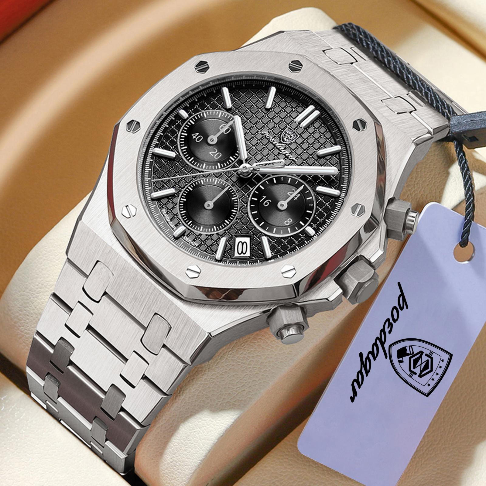 POEDAGAR Luxus Herrenuhren Edelstahl Datum Chronograph Herrenuhr Wasserdicht Leuchtend Militär Quarz Armbanduhr silber/schwarz