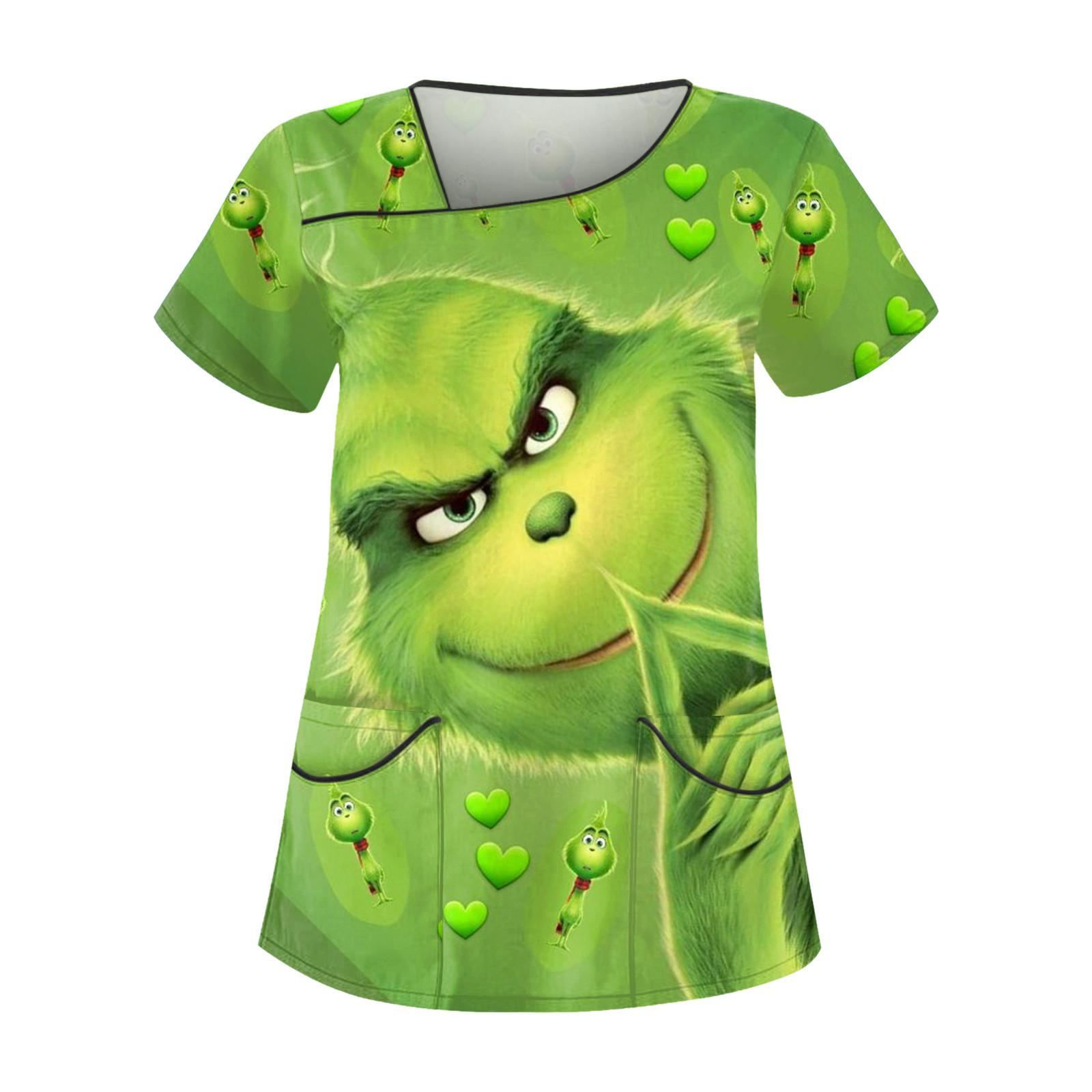 Damen-Arbeitskleidung mit schrägem Kragen und Doppeltasche, Weihnachtsdruck, Basic-Top-Pullover XXXXL grün