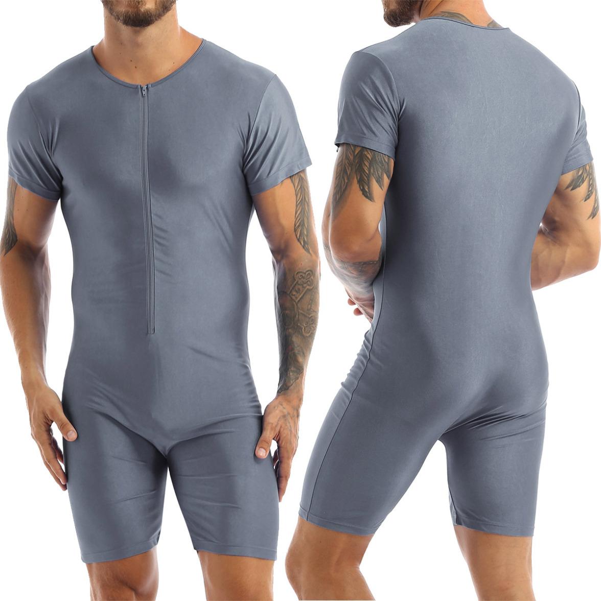 Herren Einteiler, kurzärmelig, mit Reißverschluss vorne, Boxershorts, Trikot, Body, Catsuit 2XL graue
