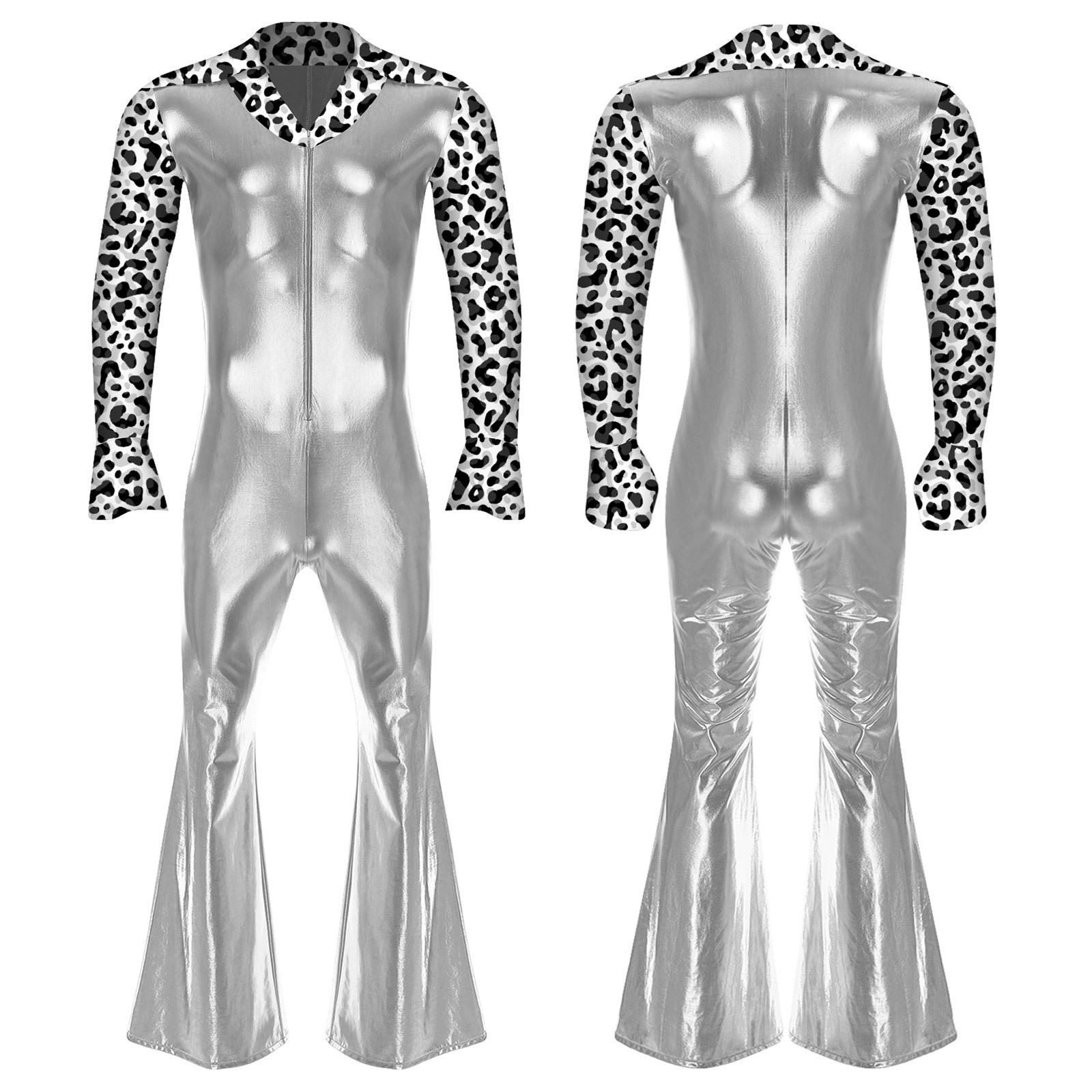 Herren Jazz Dance Performance Kostüme 80er Jahre Disco Cosplay Kostüm Schlaghose voller langer V-Ausschnitt Jumpsuit Strampler S silber