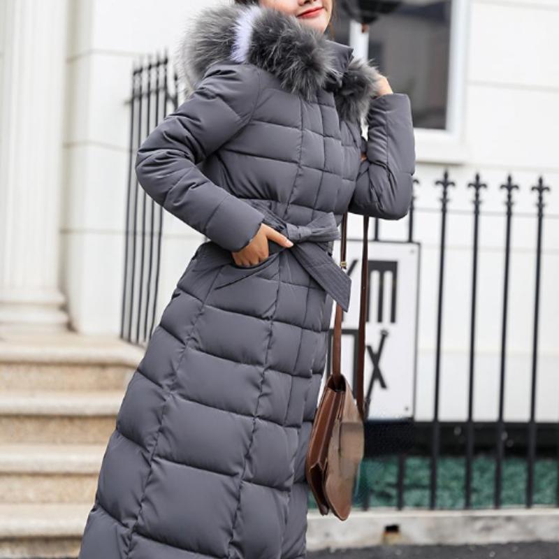 Neue Winterjacke Damen Warme Mode Bogen Gürtel Fuchs Pelz Kragen Mantel Langes Kleid Damen Dicker Mantel XXXL grau