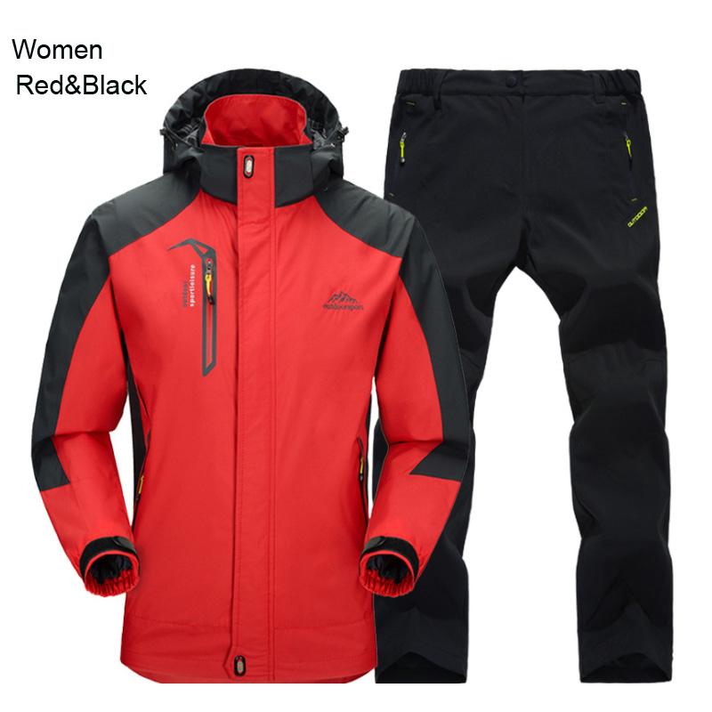 Damen Jacke Hose Wander Set Camping Frühling Herbst Outdoor Wasserdicht 20000MM Winddicht Anzug Trekking Mantel Hose M schwarz rot