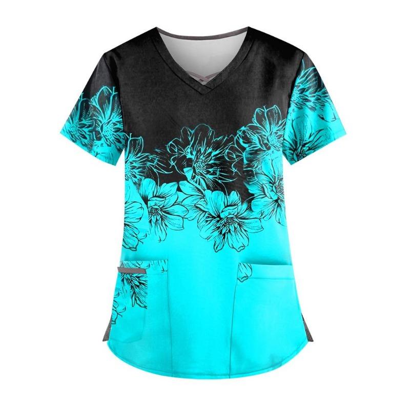Übergröße Damen Kasack mit Blumenmuster V-Ausschnitt Kurzarm Lustige T-Shirts Arbeitskleidung T-Shirt mit Taschen 4XL