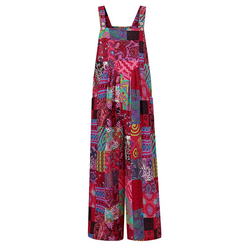 Sommer Damen Träger Jumpsuits Vintage Blumendruck Latzhose Ärmellos Weites Bein Lange Overall Latzhose Strampler Playsuit XXL rot