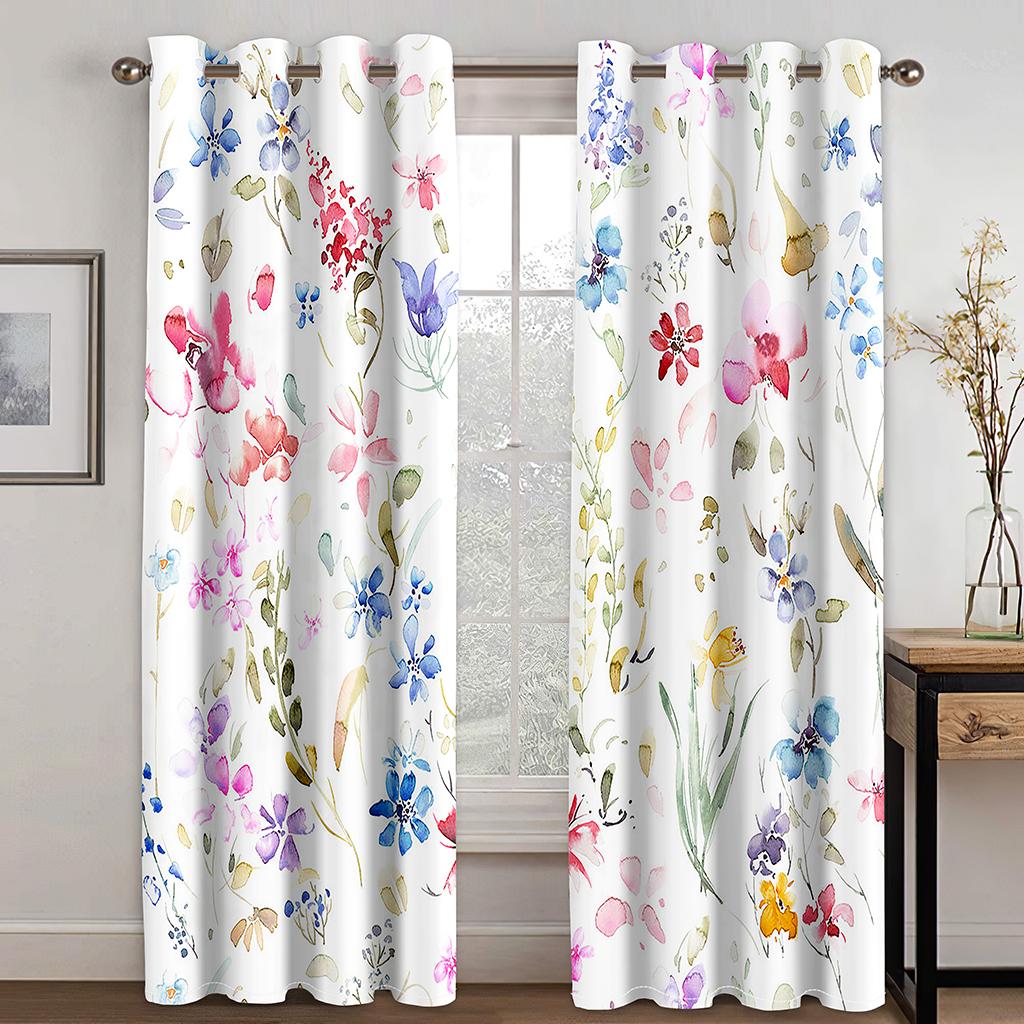 2 STÜCKE Charmante Blumendruck Vorhänge Schmetterling Blumen Vorhänge für Schlafzimmer Wohnzimmer Küche Fenster Vorhänge Tülle Top cortin 2x50W100H(CM)&Grommet Top white