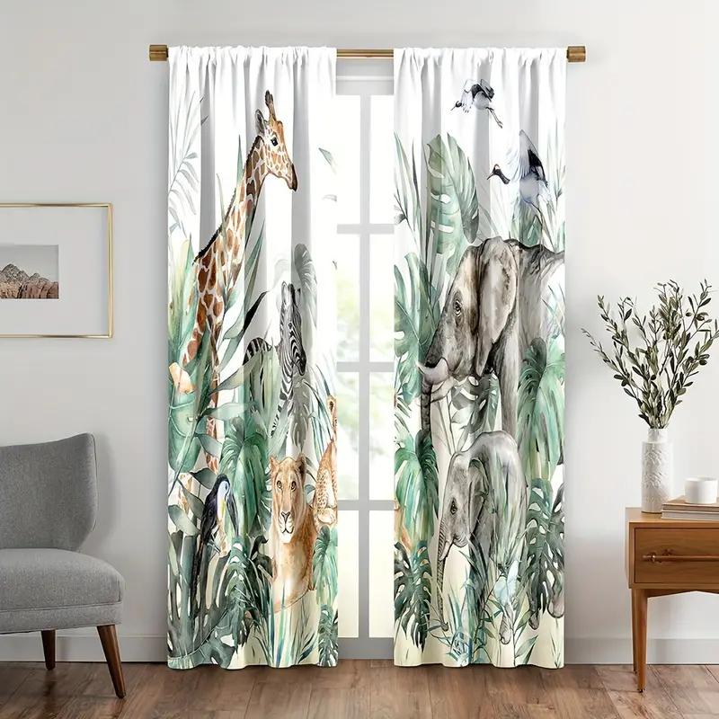 2 Stück Niedliche Giraffen-Vorhänge für Schlafzimmer Wohnzimmer Kinder Zoo Tier Vorhänge Cartoon Tier Deko Elefant Blumenblatt Grün 210x230cm