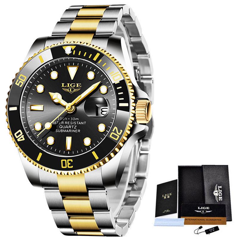 LIGE Top Marke Luxus Mode Taucher Uhren Männer 30ATM Wasserdicht Datum Uhr Sport Uhr Männer Quarz Armbanduhr gold/schwarz