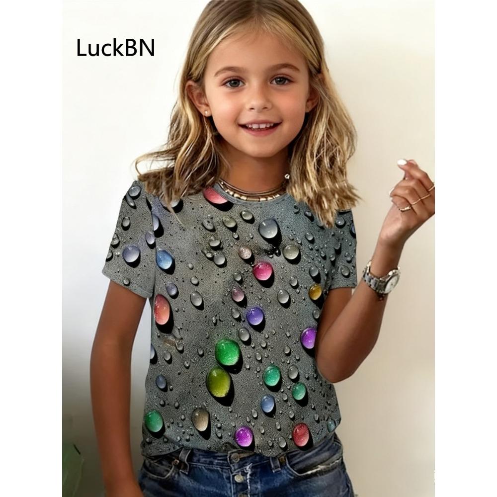 Kinder 3D-Druck Wassertropfen Regenbogenfarben T-Shirts Mädchen Herz Steine Mode Weiche Bequeme T-Shirts Kinder Top 140 grau