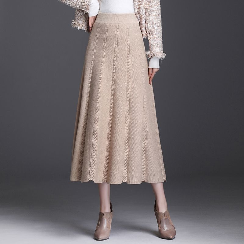 Herbst Winter frauen Temperament Midi Gestrickte Rock Weiblichen Rock Hohe Taille Verdicken Solide Schlanke Mid-länge A-linie Rock faltenrock 2XL apricot