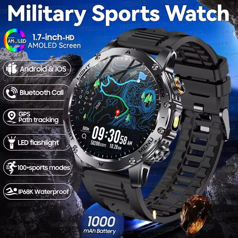 2026 Neue 1000mAh Super-Kapazitäts-Batterie für Erwachsene Männer Smartwatch 1,7-Zoll Großer Bildschirm Bluetooth-Anruf IP68 Wasserdichte SmartWatch Sport Silicone Tape schwarz