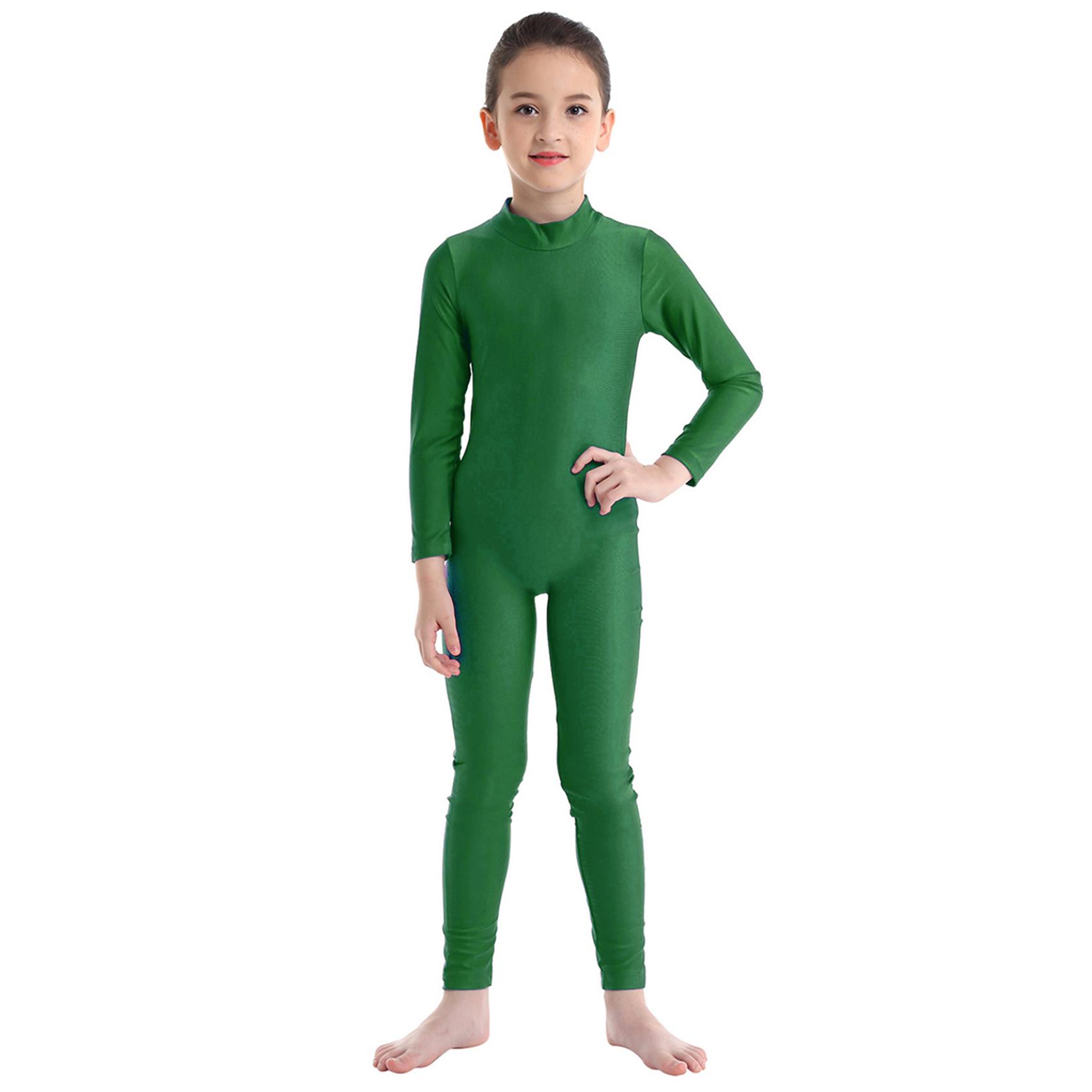 Langarm-Tanz-Gymnastik-Trikot für Kinder, Ganzanzug, Ganzkörper-Body, Catsuit, Tanzbekleidung, Kostüme 3-4 Years grün