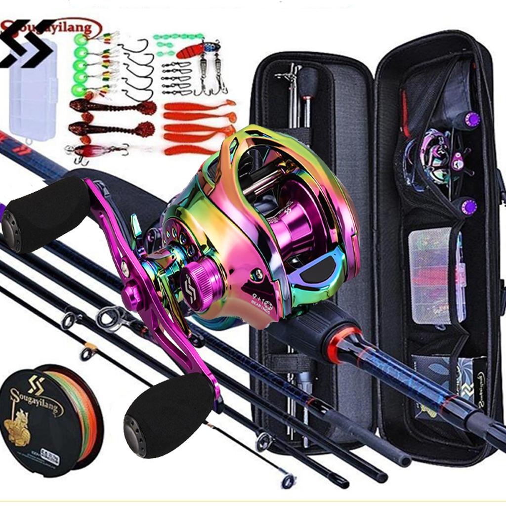Angelruten und Rollen, 5-teilig, Carbon, 1,98 m/2,1 m/2,4 m, Angelrute, Baitcasting-Rolle, Reise-Angelruten-Set mit kompletten Kits, Tragetasche für Süßwasserangeln 1.98m& Right handle