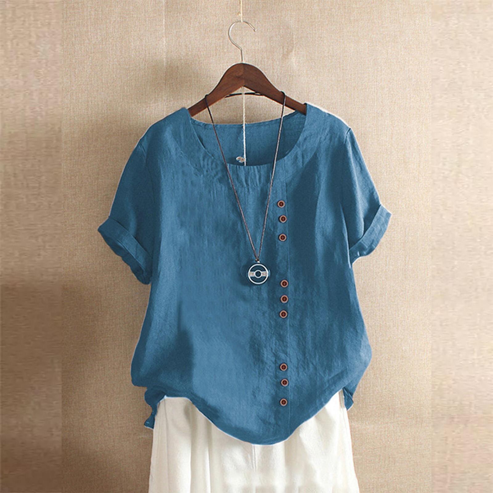 Damenmode, lässig, Temperament, Rundhalsausschnitt, Vintage-Stil, Baumwolle und Hanf, einfarbig, kurzärmelig, T-Shirt-Oberteil XXXXXL dunkelblaue