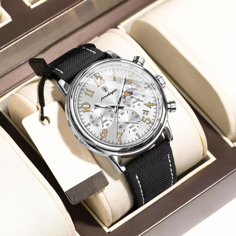 POEDAGAR Luxus Militär Sportuhr für Herren Wasserdicht Leuchtend Chronograph Datum Herrenuhren Quarz Nylonarmband Herrenuhr weiß/silber