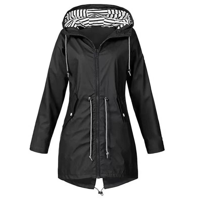 Damen Regenjacke, langärmelig, wasserdicht, Regenmantel, Wandern, Laufen, Mantel, modische Jacken XXL schwarz