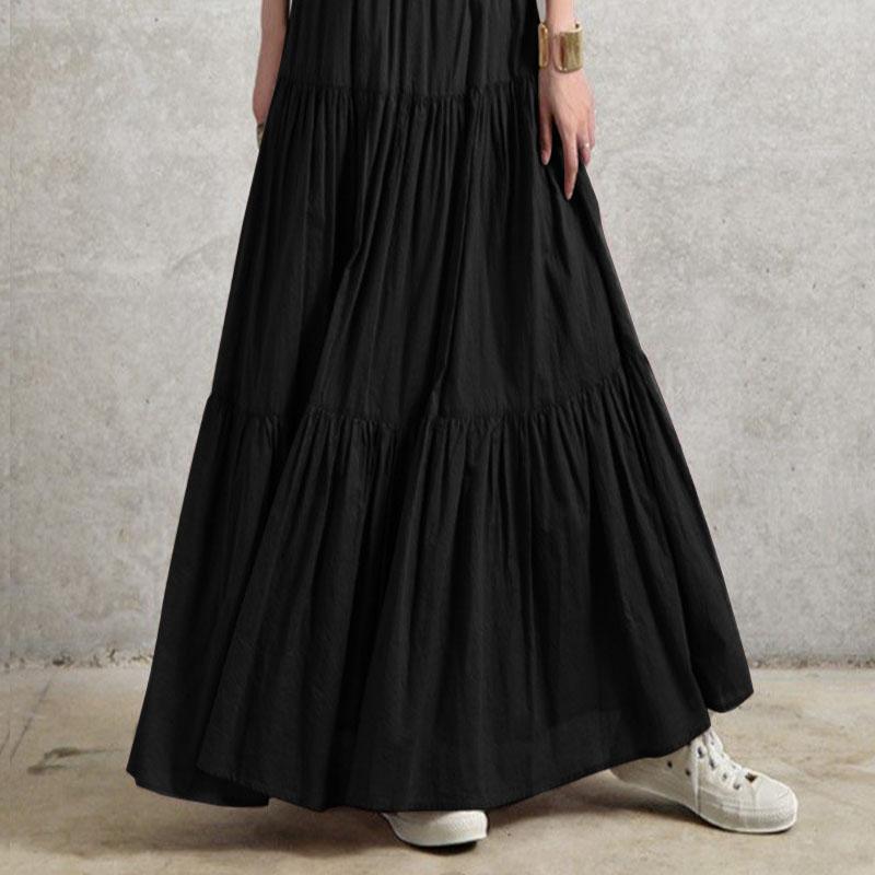 Frühling Sommer Damen Rock Schößchen Lässiger Langer Rock Einfarbiger Rock Vintage Stil Plissee Halbrock XXL schwarz