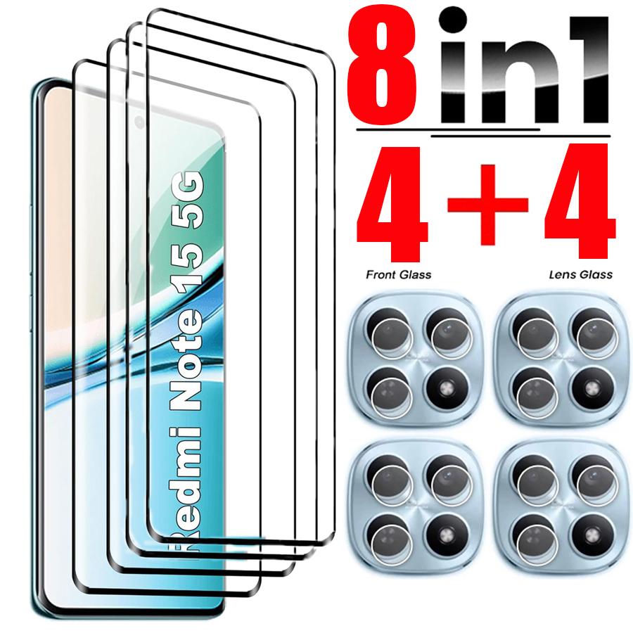8PCS (4+4-Packung) 3D-gebogener Displayschutz aus gehärtetem Glas für Redmi Note 15 4G/5G, Note 15 Pro 4G, Redmi Note 15 Pro+ 5G, Kamera-Displayschutz Redmi Note 15 Pro+ 5G