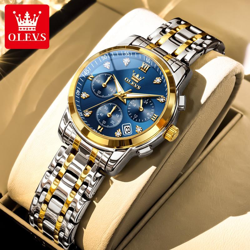 OLEVS Damenuhr Original Elegant Multifunktion Quarz Armbanduhr Wasserdicht Edelstahl Damenuhren Geschenke blau/gold
